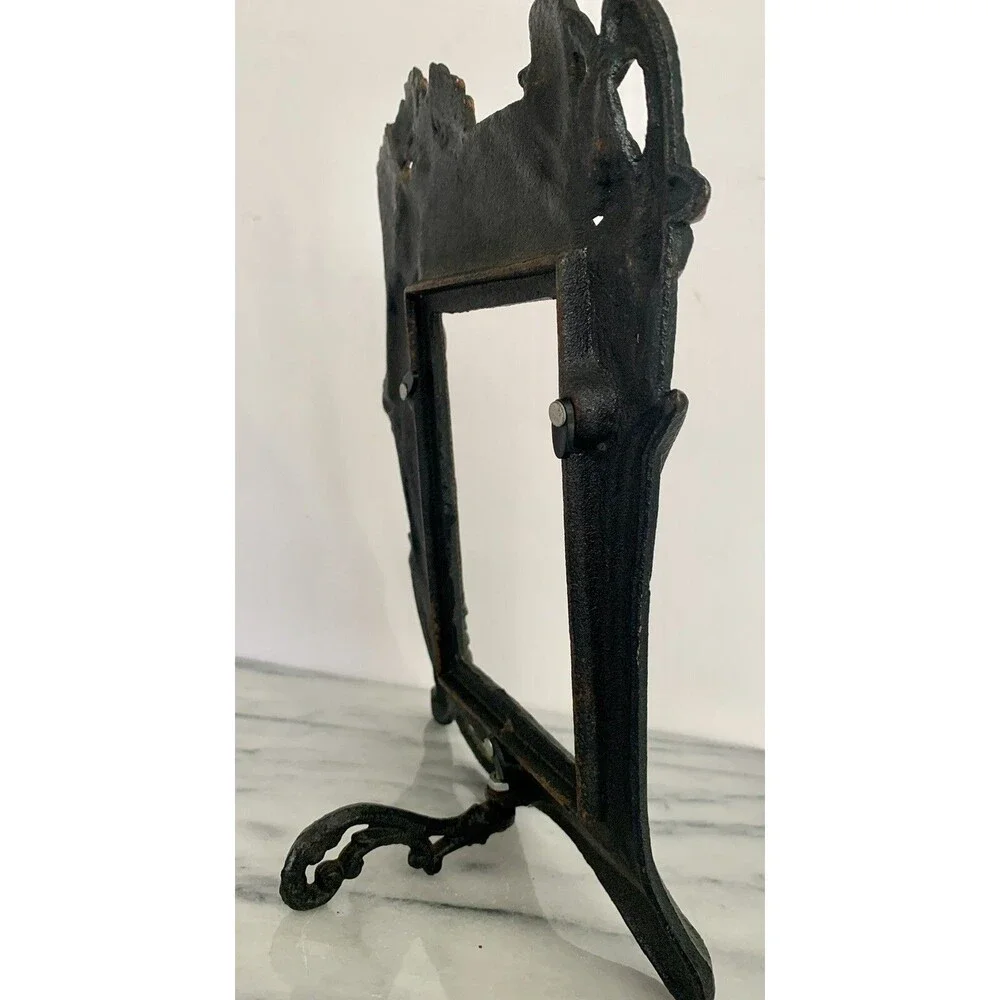 VTG Cast Iron W Copper Wash Photo Frame Art Nouveau Woman Floral w Stand